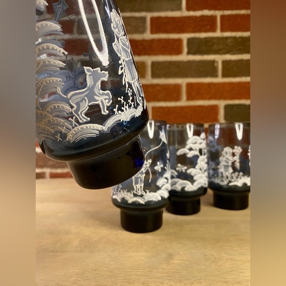 VTG Lot 7 Mary Gregory 6 Smoke Blue Painted Fishing Boy‎ & Girl Drinking Glasses - Picture 9 of 10